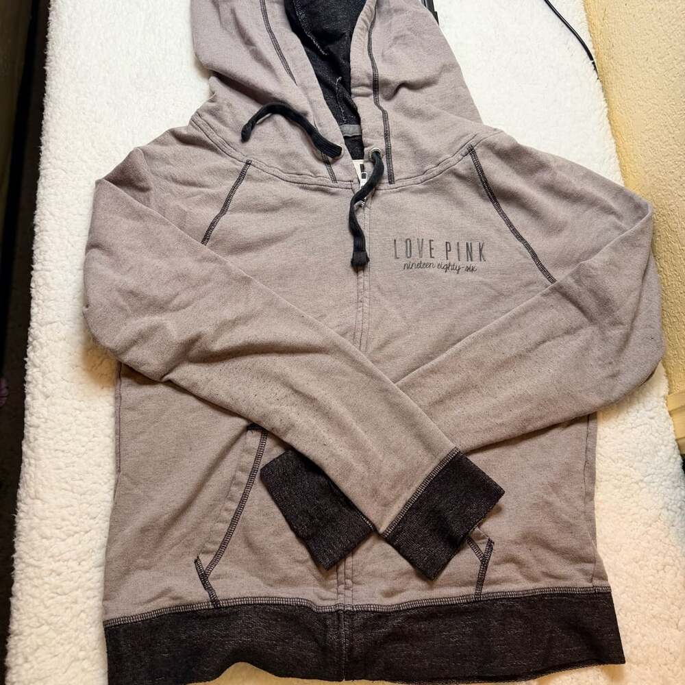 Victoria's Secret Pink Full Zip Hoodie Gray Black Love Pink